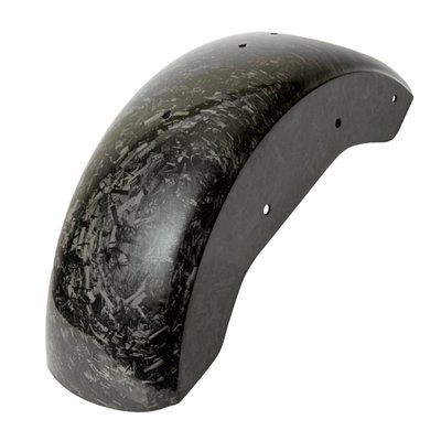 Forged carbon. 
Made from chopped carbon fiber strands mixed with resin and compressed in a mold. The result is a material that looks more like marble or camouflage, no two are alike, without a directional weave. 

A carbon fiber rear fender, lightweight but without strength issues so great for everyday riding. Bolt-on installation, simple and hassle-free. Eye candy and less weight has never hurt performance. A functional upgrade with just the right amount of attitude. EU made. 
Note: Fender comes without cut outs for the original lights. License plate and lights relocation is required. 
- Smooth wide shape, no cut for number plate 
- Ultra light weight 
- Manufactured from top quality carbon fiber 
- Gloss UV stable surface 
- Mount holes are pre-drilled 
- Bolt-on replacement for stock rear fender 
