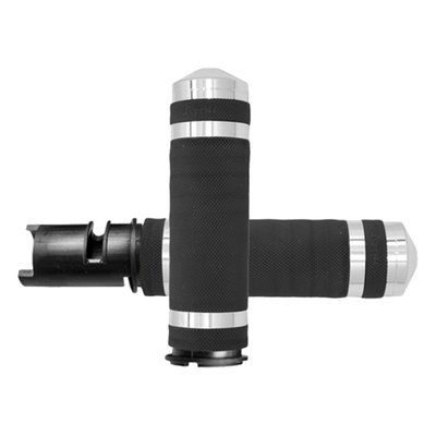 Similar to the Avon air cushioned grips, the Air-SS incorporates a system of air pockets inside the grip to dampen vibration, but Air-SS grip does not have any surface bumps but a consistent surface diameter. Complete with an grip-enhancing knurled texture with 6061 billet aluminum end caps and collars. 
- For 1 inch handlebars 
- Fly-by-wire. 
Dimensions: Inside length = 4.600" OD = 1.500"