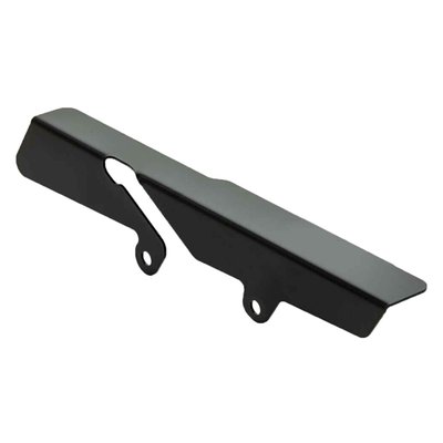 Stainless steel matte black powder coated belt guard that can be mounted on the stock mounts. 
Mounting hardware is included. 
OEM replacement reference 60300137 (chrome) 60300138 (black)