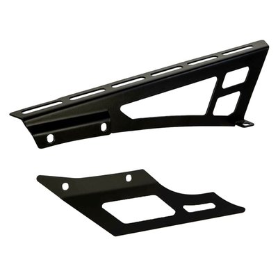 Stainless steel matte black powder coated. 2-piece belt cover which offers upper and lower belt protection. Installs to the OEM mounts and mounting kit is included.