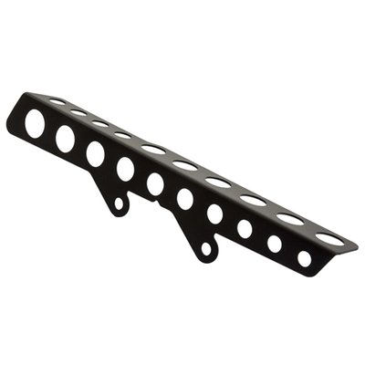 Stainless steel matte black powder coated belt guard with round cut outs that can be mounted on the stock mounts.
Includes upper belt guard and mounting hardware.