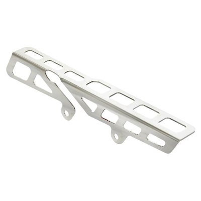 Stainless steel polished belt guard with angular cut outs that can be mounted on the stock mounts.
Mounting hardware is included.
OEM replacement reference 60300137 (chrome) 60300138 (black)