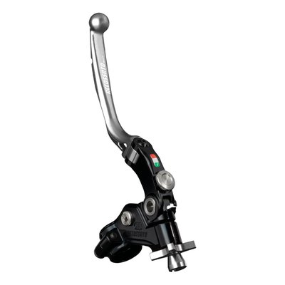 Black anodized lever assembly with a silver anodized clutch lever and cable adjuster. 
Folding lever without RST (Racing Short), so not slotted for weight reduction. 
For 1" (25.4mm) diameter handlebars. 
The Accossato Racing cable clutch 'Racing' is a patented, one-of-a-kind component designed for high-performance riders. Featuring a unique "click" cable adjustment system and the exclusive ability to adjust the distance between the lever and the grip, this clutch offers unmatched customization. The folding lever is CNC-machined from anodized aluminum and available in multiple colors, with the cable adjuster matching the lever color. 
- Non adjustable 19mm distance for track/street use 
- Stainless steel hardware 
- Integrated micro switch 
- A mirror holder is separately available as MH005 or MH006 
- Does not include required clutch cable 