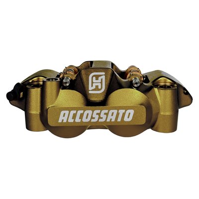 Gold anodized finish.
108mm mounting distance.
Aluminum pistons.
4x ST (Standard sintered) brake pads per caliper.
Complete with Standard brake pads.
Accossato Monobloc Forged Radial Brake Calipers are engineered for riders that demand maximum performance and precision. Comes complete with 4x ST (Standard sintered) brake pad set. Manufactured from high-quality CNC machined forged aluminum, this caliper combines strength with a rigid lightweight construction to deliver exceptional braking control and reliability. Each caliper is designed to maximize braking efficiency and handling. Each caliper is also checked and tested before it it leaves the factory. This makes an Accossato caliper an excellent choice for riders that demand top-level technology paired with uncompromised quality.
