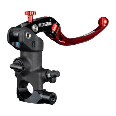 Black master cylinder / red lever, adjusting knob and reservoir cover. 
Folding lever with RST (Racing Short), so with eyelet for weight reduction. 
Designed for the shortest passive stroke, in other words; The 'free-space' between pulling the brake lever and  actual braking is reduced by over 50%, when compared to other radial brake master cylinders, making this master cylinder the most "Ready to Brake" handlebar master cylinder ever. 19mm distance for mixed track/street use. Designed for reduced weight but still remain excellent rigidity, strength and brake control. The bracket is slightly offset to further enhance rigidity while braking. Made of forged CNC aluminum for precision with an aesthetic and durable black anodized finish, sure to enhance the bike's overall appearance. The master cylinder is always black and the adjusting knob and the cover of the reservoir are the same color as the lever and can be had in black or in various anodized colors. 
- For use with 1" diameter handlebars 
- 19mm piston diameter 
- For dual disc models 
- Non adjustable 19mm distance for track/street use 
- M10x1 threaded for brake hose 
- Zinc plated steel bleed valve 
- Stainless steel hardware 
- Brake light switch is separately available as ID001or ID001 
- Formula 1 compound rubber seals. 
Note: Fluid reservoir must be purchased separately. See Accossato's billet aluminum 717630 (horizontal fluid outlet) or 717679 (vertical fluid outlet) 25cc fluid reservoirs.