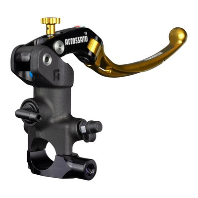 Black master cylinder / gold lever, adjusting knob and reservoir cover. 
Folding lever without RST (Racing Short), so without eyelet for weight reduction. 
Designed for the shortest passive stroke, in other words; The 'free-space' between pulling the brake lever and  actual braking is reduced by over 50%, when compared to other radial brake master cylinders, making this master cylinder the most "Ready to Brake" handlebar master cylinder ever. 19mm distance for mixed track/street use. Designed for reduced weight but still remain excellent rigidity, strength and brake control. The bracket is slightly offset to further enhance rigidity while braking. Made of forged CNC aluminum for precision with an aesthetic and durable black anodized finish, sure to enhance the bike's overall appearance. The master cylinder is always black and the adjusting knob and the cover of the reservoir are the same color as the lever and can be had in black or in various anodized colors. 
- For use with 1" diameter handlebars 
- 19mm piston diameter 
- For dual disc models 
- Non adjustable 19mm distance for track/street use 
- M10x1 threaded for brake hose 
- Zinc plated steel bleed valve 
- Stainless steel hardware 
- Brake light switch is separately available as ID001or ID001 
- Formula 1 compound rubber seals. 
Note: Fluid reservoir must be purchased separately. See Accossato's billet aluminum 717630 (horizontal fluid outlet) or 717679 (vertical fluid outlet) 25cc fluid reservoirs.