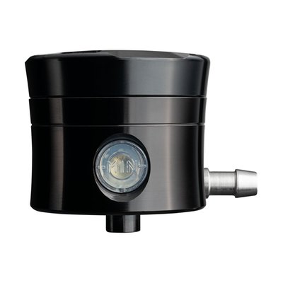 - Black anodized finish 
- Horizontal brake fluid outlet 
- With a straight mounting bracket 
- CNC-machined aluminum  
- 25 cc capacity 
- Used in custom applications were an all-in-one style rear master cylinder is not the right solution