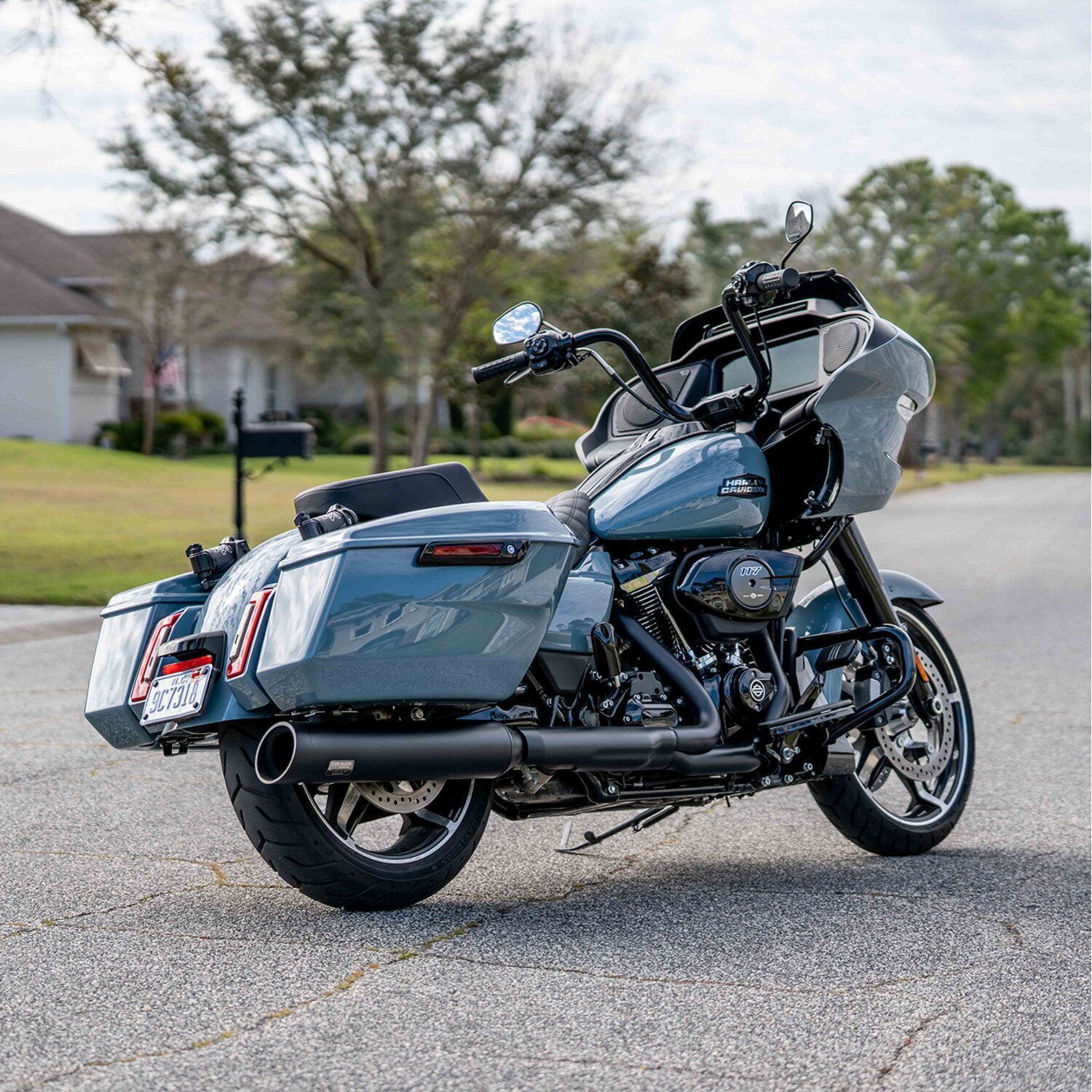 Track Series, 2-1 slip-on muffler. Black. Slash Cut
