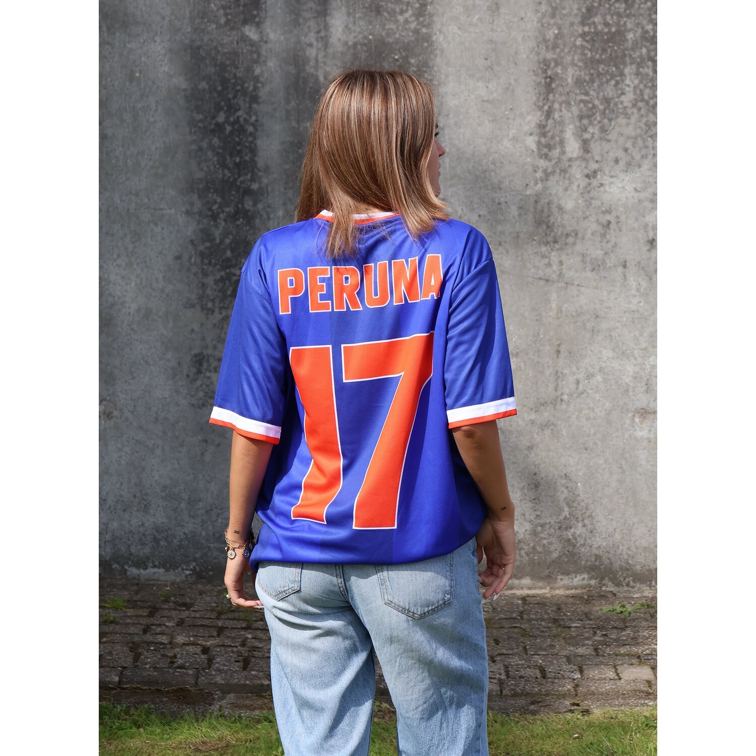 Roeg Peruna LE football jersey, Blue, orange, L