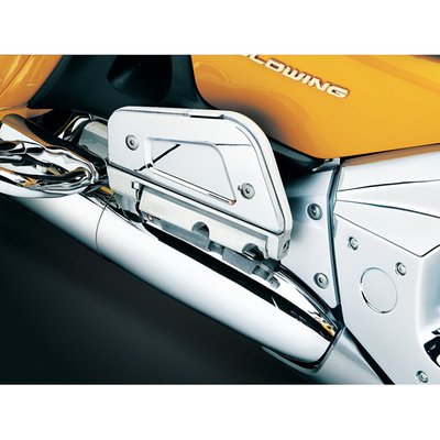 Normally, when you flip your stock passenger floorboards into a stowed position, what greets your eyes is dull, dreary & gray. These chrome-plated covers are an easy, inexpensive way to dress up the bottom side of the stock boards. They attach with the stock fasteners for quick installation.