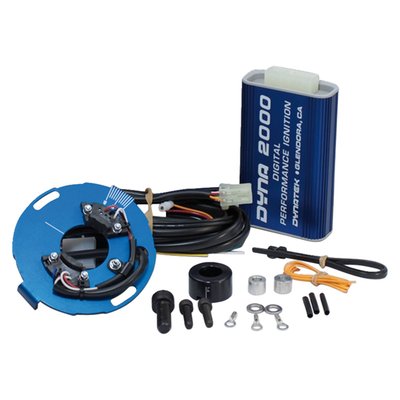 The Dyna 2000 system consists of a microprocessor controlled ignition module along with an adjustable Dyna dual sensor crank trigger. 
Features: 
- Fully Static Timetable. 
- Independent 1/4 2/3 Cylinder Timing. 
- Built-In Static Timing Light. 
- Five Different Advance Curves. 
- Four Different Retard Modes. 
- Safety Interlock In Put. 
- Broad Range rev Limiter. 
- Digital TACH Output. 
- High Energy. 
- Test Mode. 
- Easy Mounting. 
- Complete Wiring Harness. 
Dynatek has added the ability to custom program the Dyna 2000 Sportbike ignition via a personal computer.
