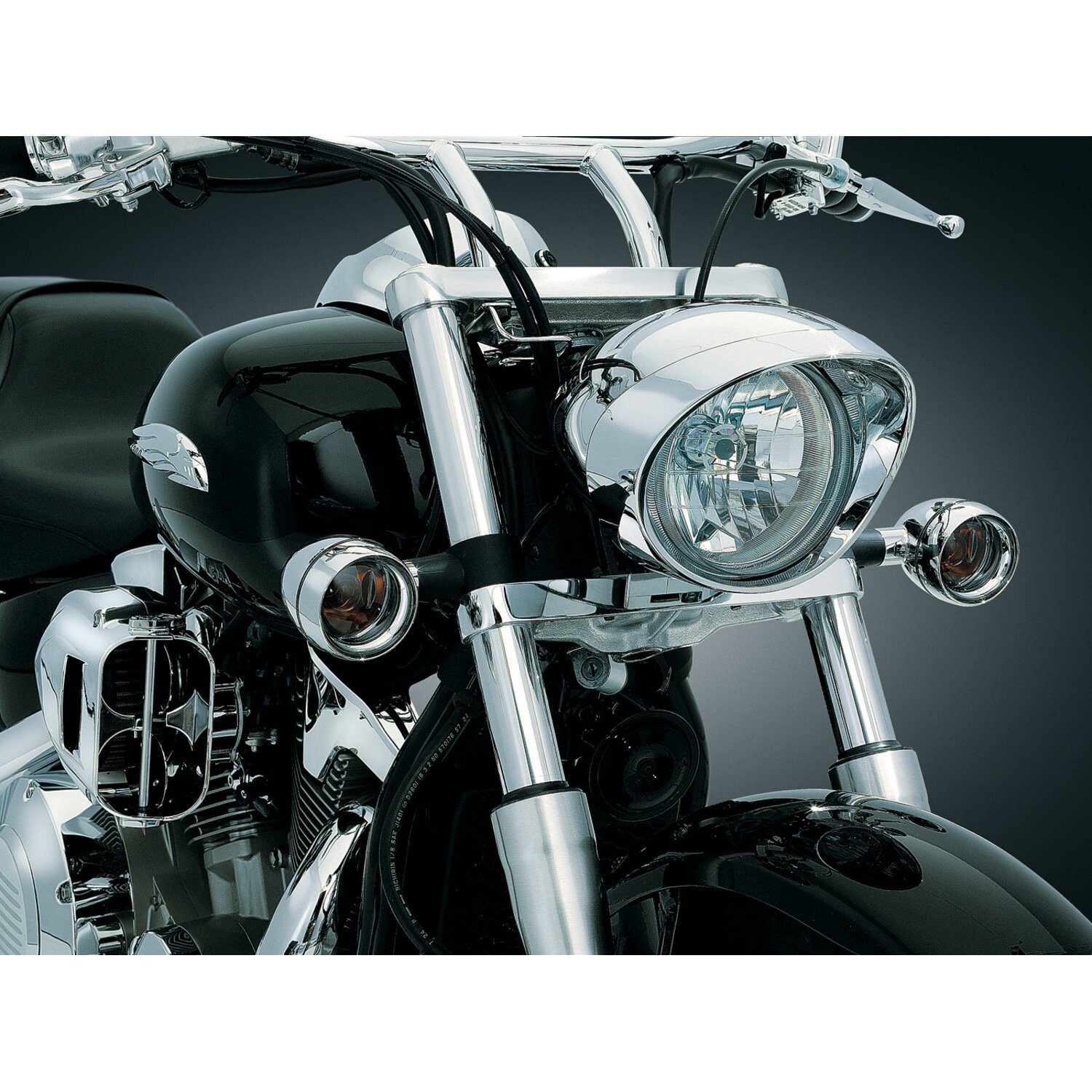 Kuryakyn, Front deep dish bezels w/smoke lenses, amber bulb, Gray, Chrome