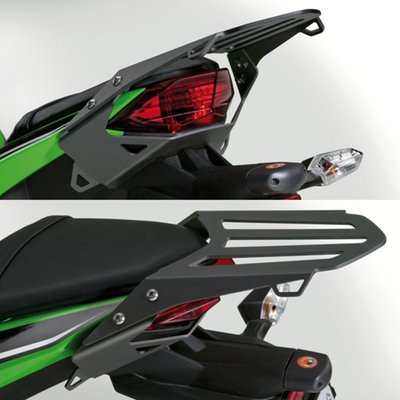 Luggage Rack designed specially for the EX300 Ninja™ to greatly improve the carrying capacity. The roomy rack surface with three bungee attachment points on each side allows riders to carry a decent sized duffel bag.
The rack is made from precision, laser-cut aluminum, and the mounting bracket is made from precision cut and formed steel. Both integrate seamlessly with the lines and style of the EX300
Length: 8.25" (21.0cm)
Width: 6.75" (17.1cm)