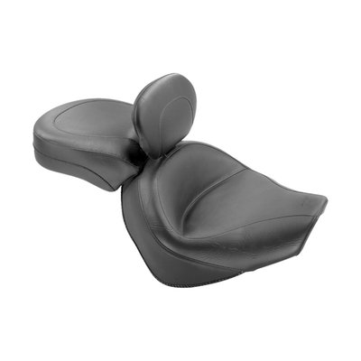 A plain touring seat with 17,5" wide rider area, 13" wide passenger area and fully adjustable, easily removable driver backrest. The Standard Touring platform features several design improvements over the stock seat. A deeply pocketed driver bucket sits you in the ideal cruising angle at a similar reach to the controls compared to stock.