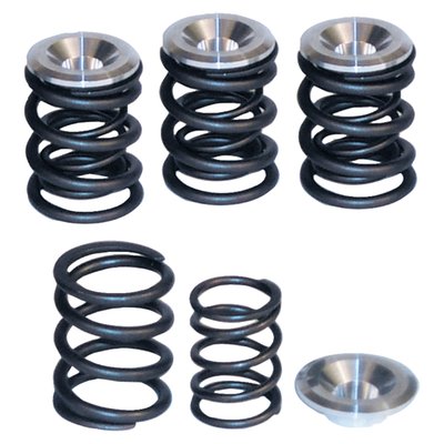 Kit includes aluminum top collars and valve springs. High performance spring kit that can be used in all applications from stock to .550" lift cams.
Note: Lower collars and valve keys / valve keepers must be re-used.
Note: Panhead may require clearancing between rocker cover and top collar.
Note: L81-84 Shovelhead must use stock style lower collars (18222-81) or purchase them separately as MCS 982281.