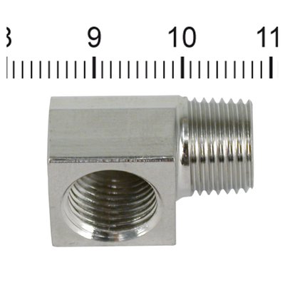 Stainless steel. 
90° angle - 1/8" NPT male to 1/8" NPT female. 
OEM replacement reference 26338-68A