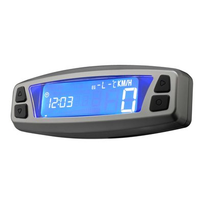 ECE approved. Fits directly to 1" or 1-1/4" handlebars with included clamp. Functions include speedometer, odometer (KMH or MPH), max speed memory and re-call, RPM, dual temp. gauge (air & engine), fuel gauge, clock, oil change notification, low battery warning and LCD indicators for turn signal, Hi-Lo beam, neutral and oil pressure. Speedo can be driven from stock or (supplied) custom pick-up, ECU, crank position sensor (00-up H-D), or ignition coil. Quite compact with dimensions of approx. 4.70" (11.9cm) x 1.70" (4.3cm) x 1.14" (2.9cm). Includes elaborate installation & set-up instructions.
Note: See 900404 for a compatible active sensor for Asura speedometers.
