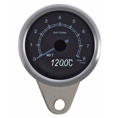 With 8000RPM redline. Maximum RPM memory and recall, hourmeter, Temp. gauge in C & F (separate temp. sensor required) with maximum temperature & recall, clock.
Dimensions housing: 80mm OD and 41mm high.
- Polished stainless housing
- White OLED illumination