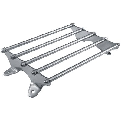 Chromed steel. Fender mounted vintage styled rack. A reproduction of the rack that was used on 41-57 B.T. models. Can be used on other models as long as a solo seat is used. Approx. dimensions: 12" (30.5cm) long x 8" (20.3cm)wide x 2" (5.1cm) high.