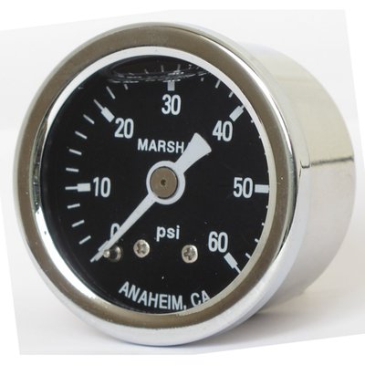 Black face. 
Will monitor oil, fuel or nitrous pressure. Liquid filled to help absorb vibration. 
Stainless housing with brass internals and acrylic lens. 
Standard 1-1/2" diameter, regular 1/8" NPT threaded connection in 0-60 PSI