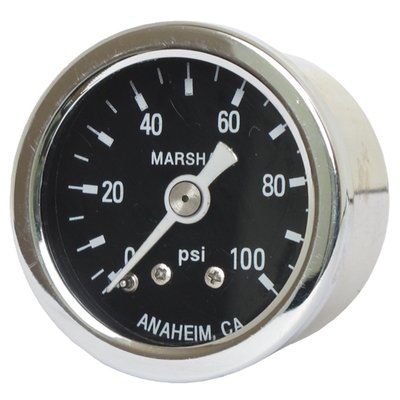 Black face. 
Will monitor oil, fuel or nitrous pressure. Liquid filled to help absorb vibration. 
Stainless housing with brass internals and acrylic lens. 
Standard 1-1/2" diameter, regular 1/8" NPT threaded connection in 0-100 PSI