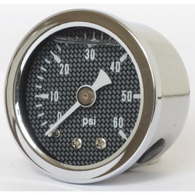 Carbon fiber face.
Will monitor oil, fuel or nitrous pressure. Liquid filled to help absorb vibration.
Stainless housing with brass internals and acrylic lens.
Standard 1-1/2" diameter, regular 1/8" NPT threaded connection in 0-60 PSI