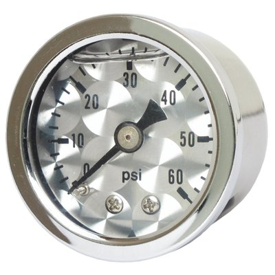 Engine turned face.
Will monitor oil, fuel or nitrous pressure. Liquid filled to help absorb vibration.
Stainless housing with brass internals and acrylic lens.
Standard 1-1/2" diameter, regular 1/8" NPT threaded connection in 0-60 PSI
