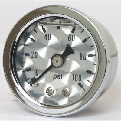 Engine turned face.
Will monitor oil, fuel or nitrous pressure. Liquid filled to help absorb vibration.
Stainless housing with brass internals and acrylic lens.
Standard 1-1/2" diameter, regular 1/8" NPT threaded connection in 0-100 PSI