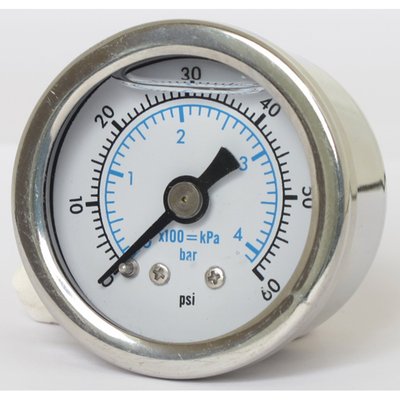 White dual scale face. 
Will monitor oil, fuel or nitrous pressure. Liquid filled to help absorb vibration. 
Stainless housing with brass internals and acrylic lens. 
Standard 1-1/2" diameter, regular 1/8" NPT threaded connection in 0-60 PSI