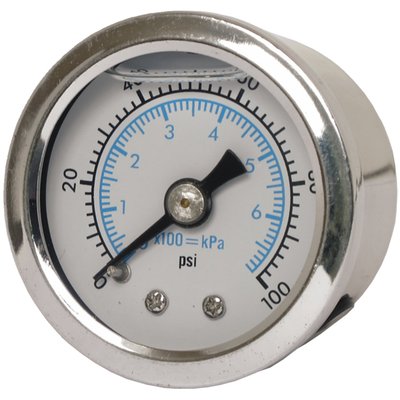 White dual scale face. 
Will monitor oil, fuel or nitrous pressure. Liquid filled to help absorb vibration. 
Stainless housing with brass internals and acrylic lens. 
Standard 1-1/2" diameter, regular 1/8" NPT threaded connection in 0-100 PSI