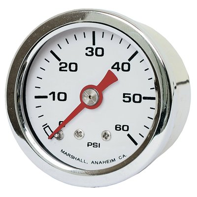 Comp white face, with red pointer.
Will monitor oil, fuel or nitrous pressure. Liquid filled to help absorb vibration. 
Stainless housing with brass internals and acrylic lens. 
Standard 1-1/2" diameter, regular 1/8" NPT threaded connection in 0-60 PSI