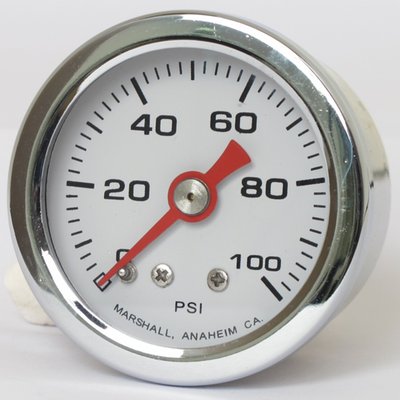 Comp white face, with red pointer. 
Will monitor oil, fuel or nitrous pressure. Liquid filled to help absorb vibration. 
Stainless housing with brass internals and acrylic lens. 
Standard 1-1/2" diameter, regular 1/8" NPT threaded connection in 0-100 PSI