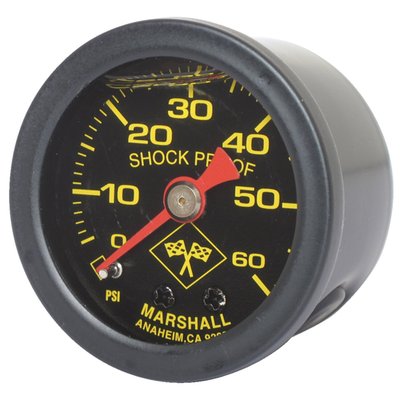 Midnight face. 
Will monitor oil, fuel or nitrous pressure. Liquid filled to help absorb vibration. 
Black housing with brass internals and acrylic lens. 
Standard 1-1/2" diameter, regular 1/8" NPT threaded connection in 0-60 PSI