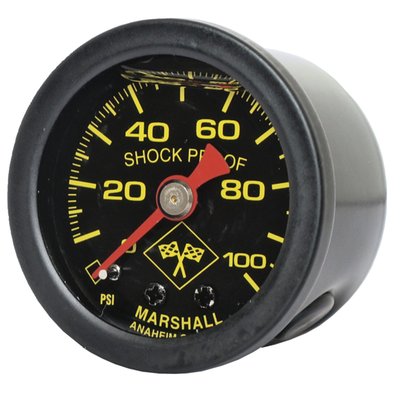 Midnight face. 
Will monitor oil, fuel or nitrous pressure. Liquid filled to help absorb vibration. 
Black housing with brass internals and acrylic lens. 
Standard 1-1/2" diameter, regular 1/8" NPT threaded connection in 0-100 PSI