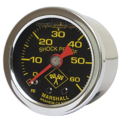 Midnight face. 
Will monitor oil, fuel or nitrous pressure. Liquid filled to help absorb vibration. 
Stainless housing with brass internals and acrylic lens. 
Standard 1-1/2" diameter, regular 1/8" NPT threaded connection in 0-60 PSI