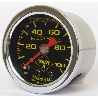 Midnight face. 
Will monitor oil, fuel or nitrous pressure. Liquid filled to help absorb vibration. 
Stainless housing with brass internals and acrylic lens. 
Standard 1-1/2" diameter, regular 1/8" NPT threaded connection in 0-100 PSI