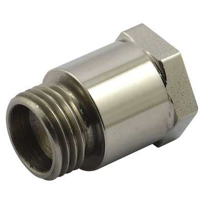 Stainless steel. 
Adapter 9/16-18 male (crankcase) to 1/8" NPT female (oil gauge). 
Used between crankcase and oil gauge fitting. 
Note: See 900879 (stainless) or 901220 (chrome) for optional 45° adapter fitting to angle oil gauge for better viewing by rider, when riding. 