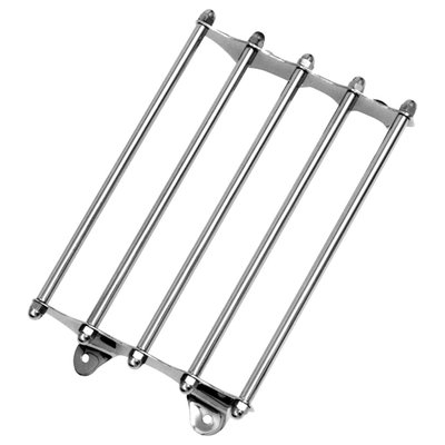 Chromed steel. Fender mounted vintage styled rack. A reproduction of the rack that was used on 41-57 B.T. models. Can be used on other models as long as a solo seat is used. Approx. dimensions: 12" (30.5cm) long x 8" (20.3cm)wide x 2" (5.1cm) high.