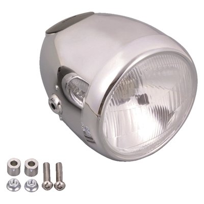 Old style side mounted headlamp with a strong reference to the 50's and 60's style headlamp designs, where the speedo was incorporated in the headlamp shell. This Vintage headlamp comes with 60mm speedo mounting hole in the rear section of the headlamp housing. 
- Chrome housing with chrome trim ring 
- With 55/60W H-4 bulb 
- ECE approved lens 
- 60mm speedometer hole. 
Note: Designed for use with 60mm diameter Velona speedo or tachometers series. See our speedo chapter. 
Note: For an optional style matching fork tube mounted headlamp bracket see 510134 black steel (for 39mm tubes), 510133 polished stainless steel or 510136 black steel (for 41mm fork tubes).