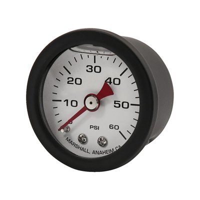 White face, with red pointer. 
Will monitor oil, fuel or nitrous pressure. Liquid filled to help absorb vibration. 
Black housing with brass internals and acrylic lens. 
Standard 1-1/2" diameter, regular 1/8" NPT threaded connection in 0-60 PSI