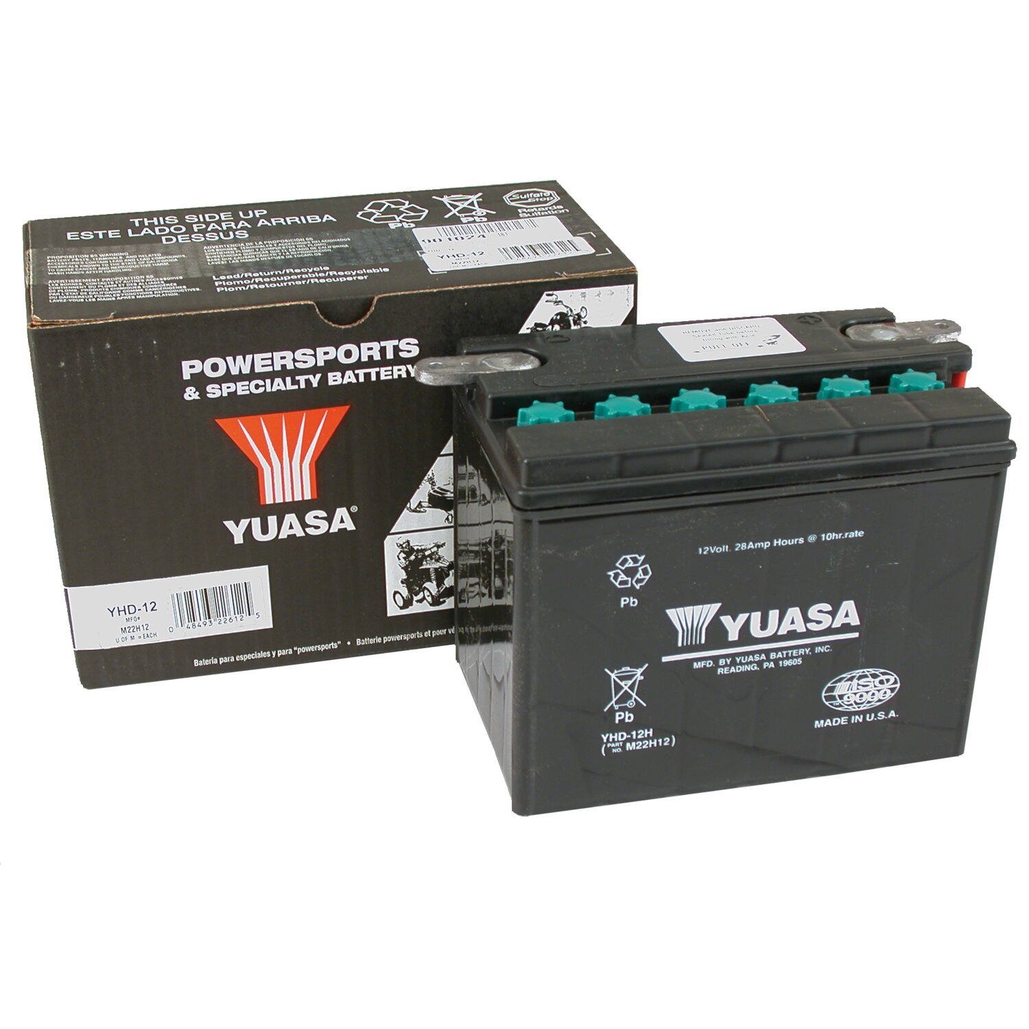 Yuasa, 12V lead-acid battery. 28Ah