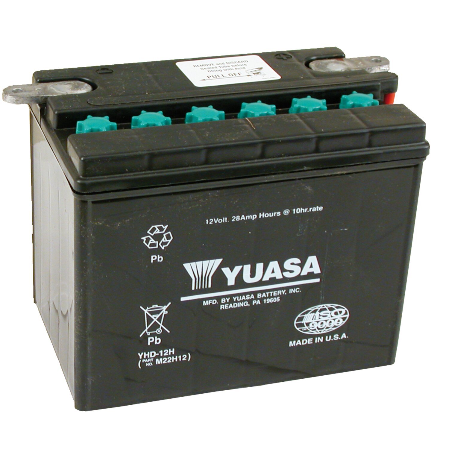 Yuasa, 12V lead-acid battery. 28Ah