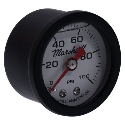 White face, with red pointer. 
Will monitor oil, fuel or nitrous pressure. Liquid filled to help absorb vibration. 
Black housing with brass internals and acrylic lens. 
Standard 1-1/2" diameter, regular 1/8" NPT threaded connection in 0-100 PSI