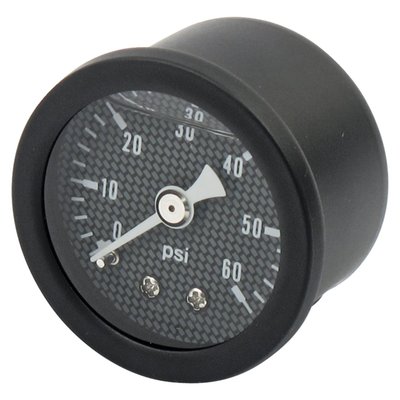 Carbon fiber face. 
Will monitor oil, fuel or nitrous pressure. Liquid filled to help absorb vibration. 
Black housing with brass internals and acrylic lens. 
Standard 1-1/2" diameter, regular 1/8" NPT threaded connection in 0-60 PSI