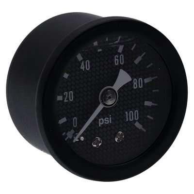 Carbon fiber face.
Will monitor oil, fuel or nitrous pressure. Liquid filled to help absorb vibration.
Black housing with brass internals and acrylic lens.
Standard 1-1/2" diameter, regular 1/8" NPT threaded connection in 0-100 PSI