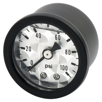 Engine turned face. 
Will monitor oil, fuel or nitrous pressure. Liquid filled to help absorb vibration. 
Black housing with brass internals and acrylic lens. 
Standard 1-1/2" diameter, regular 1/8" NPT threaded connection in 0-100 PSI