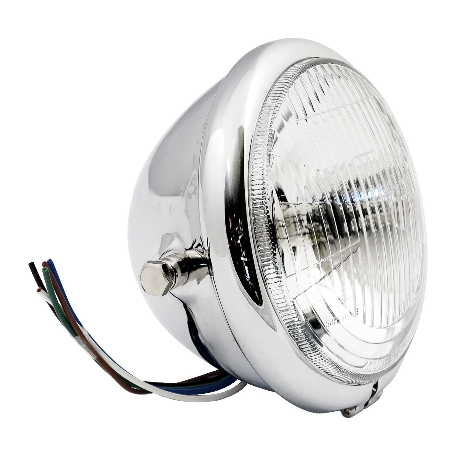 Bates style 5-3/4" H4 headlamp. side mount. Chrome