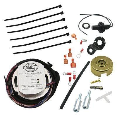 Single fire. For kick start. Complete kit that includes the module with hardware, pick-up cup and mounting screws, VOES switch with hardware, connectors and instructions. Modules are pre-programmed with ignition curves for use with specific S&S engines. Only set basic timing, no further adjustments necessary. Set-up for kick start, where the engine wil spark the first time. (electric start models will turn 3 revolutions before ignition sparks, this to prevent kick-back and damage to electric start components). 

Note: All modules can be set to kick or electric start by a certified S&S dealer equipped with Super Stock diagnostic cable & software. Then it is also possible to view: Time at wide open throttle (WOT); length of time engine was operated at various temperatures; number of engine starts; total running time; time spent in various RPM ranges; max. RPM and amount of time spent at rev. limit. It also enables the dealer to turn-on the 24 hour 'break-in' rev. limiter function. If set it will protect a new engine by limiting engine revolution. Only after 24 hours runtime the engine will be able to reach the maximum of 6300 RPM. Only modules on new S&S engines sold with the Super Stock ignition system will have the 'break-in' rev. limiter turned-on.