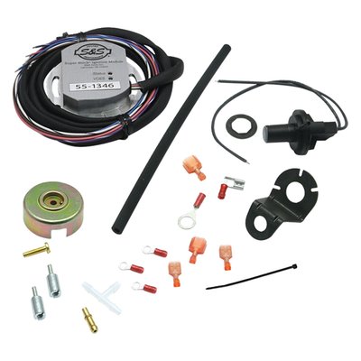 Single fire. For electric start. Complete kit that includes the module with hardware, pick-up cup and mounting screws, VOES switch with hardware, connectors and instructions. Modules are pre-programmed with ignition curves for use with specific S&S engines. Only set basic timing, no further adjustments necessary. Set-up for electric start, where the engine will turn 3 revolution before ignition sparks. This is done to prevent kick-back that may cause damage to electric start components. 

Note: All modules can be set to kick or electric start by a certified S&S dealer equipped with Super Stock diagnostic cable & software. Then it is also possible to view: Time at wide open throttle (WOT); length of time engine was operated at various temperatures; number of engine starts; total running time; time spent in various RPM ranges; max. RPM and amount of time spent at rev. limit. It also enables the dealer to turn-on the 24 hour 'break-in' rev. limiter function. If set it will protect a new engine by limiting engine revolution. Only after 24 hours runtime the engine will be able to reach the maximum of 6300 RPM. Only modules on new S&S engines sold with the Super Stock ignition system will have the 'break-in' rev. limiter turned-on.