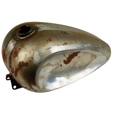 3 gallon. Comes with pre-83 bajonet style gas cap fitting and external threaded for 22mm petcocks. With custom 'dished' sides, Indian Larry style. 
Approx. dimensions: 16" long x 10" wide x 9" tank depth x 16" tunnel length x 2.5" tunnel depth x 2.5" tunnel width x 16.75" mount hole to mount hole distance.

Note: It is advised to pressure test, seal and test fit all tanks before tanks are painted and installed. Some tanks are painted, but this coat is applied for rust prevention during storage only.